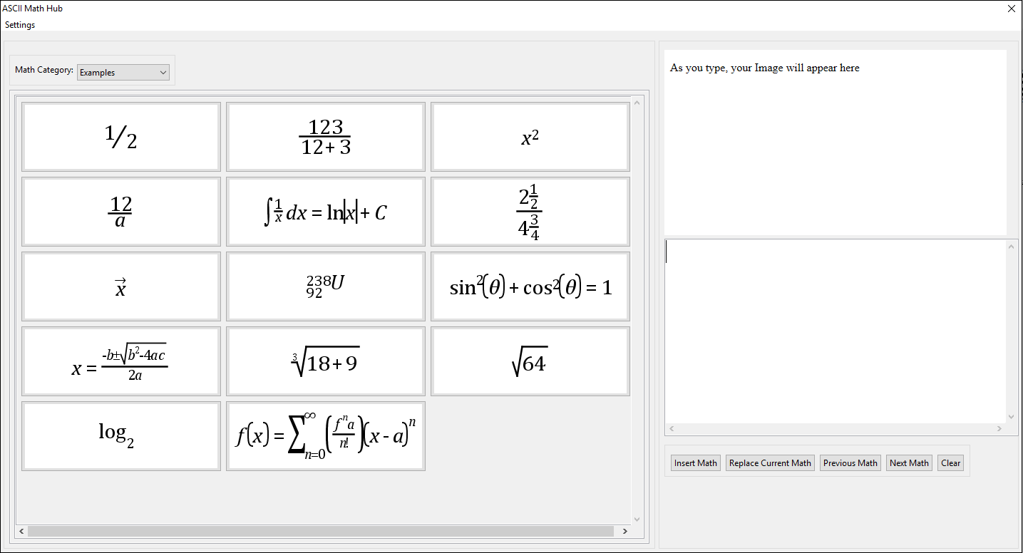 ASCII math hub window